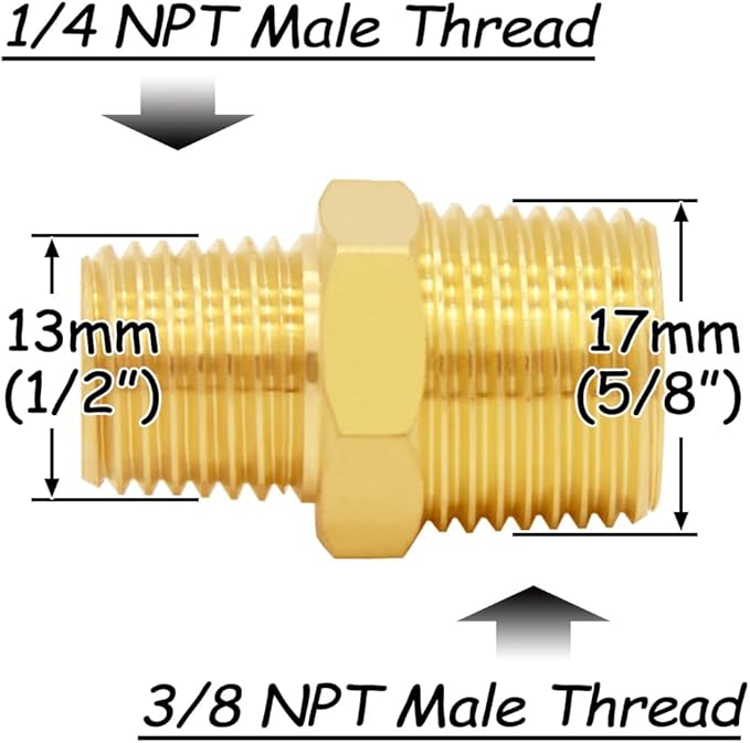 3PCS Brass Reducer Adapter, 1/4" NPT Male to 3/8" NPT Male Thread, Hex Reducing Pipe Fitting Coupler Nipple Connector for Water/Oil/Gas