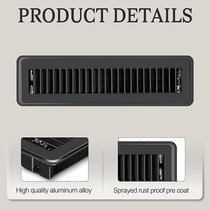 4 PCS Floor Vents Floor Registers 2x12 inch, Heavy Duty Metal Heat Air Vent Covers 2 X 12 with Rust Proof Finish for Home Office Wall Floor Registers Grilles & Vents (4, Black, 2x12 Inches)