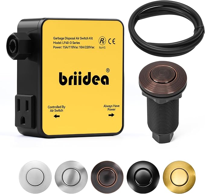 Garbage Disposal Air Switch Kit Dual Outlet Sink Top Waste Disposal Long Stainless Steel Oil Rubbed Bronze On/Off Air Button Food and Waste Disposals Part by Briidea, UL Listed