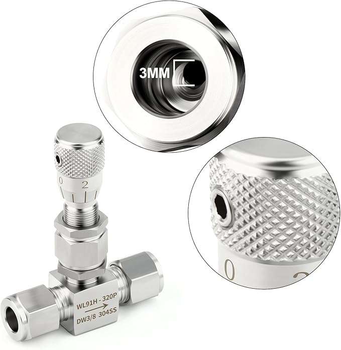 TAISHER 1PCS 304 Stainless Steel Reduce Port 3mm Needle Valve 3/8" OD，Accurate Dials For Micro Flow Control Instrument Gauge Water Gas Oil