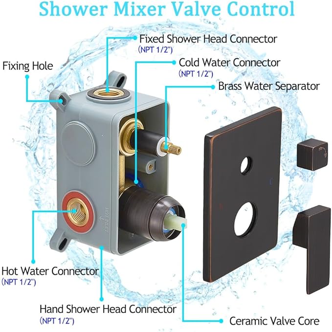Oil Rubbed Bronze rain Shower Faucet Set Shower System 10 Inches Square Shower Head with Handheld, Waterfall Showerhead, All Metal Shower Faucet Trim Repair Kits (Contain Shower Valve)