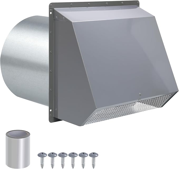 6 Inch Hooded Wall Vent with Screen and Damper,6 Inch Exhaust Vent Cover Cap for Outdoor Kitchen Range Hood Dryer Ventilation,Outside Wall Mount Extractor for House Air Exhaust,Galvanized Steel,Gray