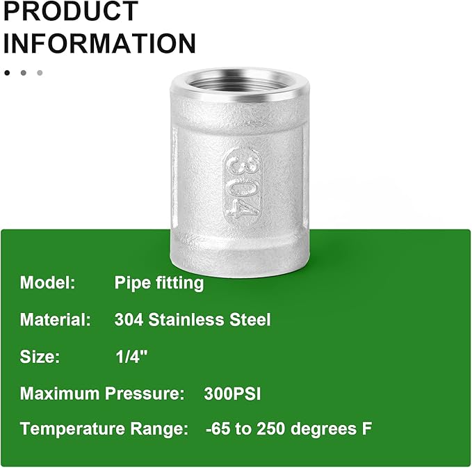 TAISHER 10PCS 304 Stainless Steel Cast Pipe Fitting, Coupling, 1/4" NPT Female x 1/4" NPT Female Threaded