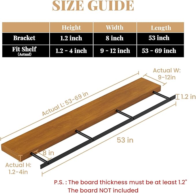 Floating Shelf Bracket Heavy Duty Shelving Brackets,Decorative Floating Shelf Hardware Black,Hidden Metal Shelf Support Bracket(53X8X1.2-Starter Jig)
