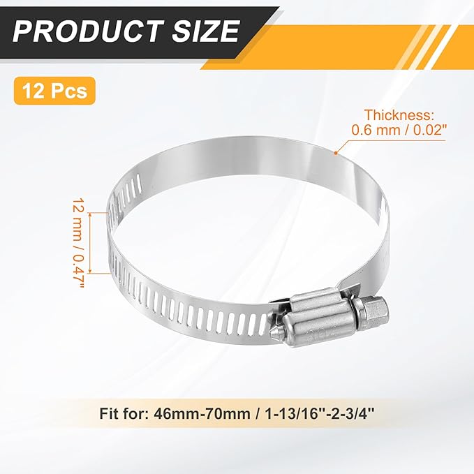 HARFINGTON 12 Pcs Hose Clamp 1-13/16"-2-3/4" (46-70mm) 304 Stainless Steel Adjustable Worm Gear Hose Clamp Assortment Kit for Fuel Line Pipe Plumbing Automotive Tube Mechanical