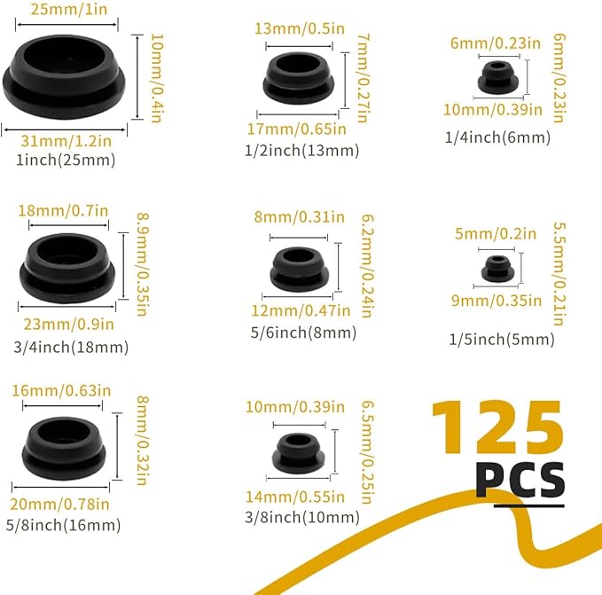 125PCS 8 Sizes Rubber Hole Plugs for Round Holes 1" 3/4" 5/8" 1/2" 3/8" 5/16" 1/4" 1/5" with Snap Locking, Car Wiring Furniture Plugs