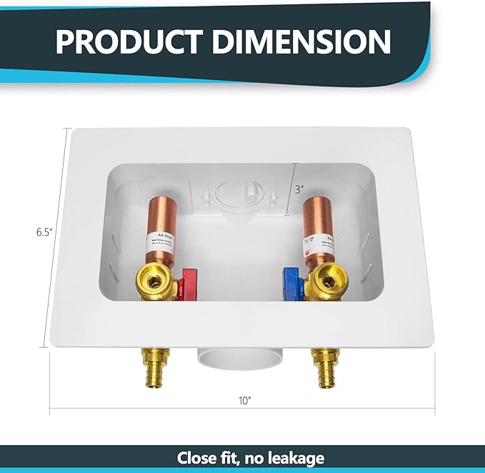 Washing Machine Outlet Box, Center Drain, 1/2 Inch Pex Crimp Inlet x 3/4 Inch MHT Outlet Connection, with Copper Water Hammer Arrestor (Pack of 50)