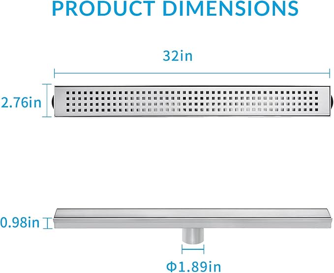 32 Inch Removable Cover Linear Shower Drain 304 Stainless Steel Rectangular Floor Drain for Kitchen Bathroom Square Hole Pattern Drain with Accessories Hair Strainer Adjustable Leveling Feet (Silver)