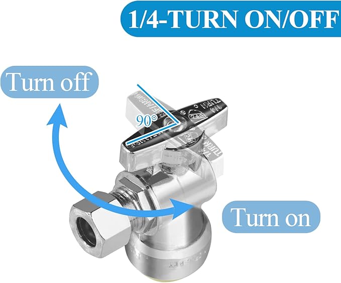 WiseWater Push to Connect Angle Stop Valve 1/2" Push x 3/8" Compression, 1/4 Turn for Quick Shut Off, Chrome Plated Brass with Disconnect Clip, for PEX, Copper, CPVC Pipes (Pack of 5)