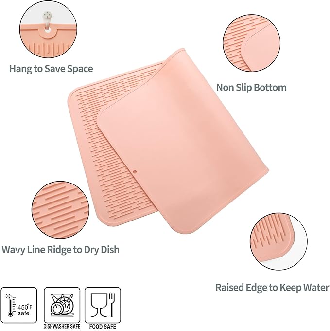 Silicone Dish Drying Mat for Multiple Usage,Easy clean,Eco-friendly,Heat-resistant Silicone Mat for Kitchen Counter or Sink,Refrigerator or Drawer Liner Pink 4XL 32 inches x 18 inches