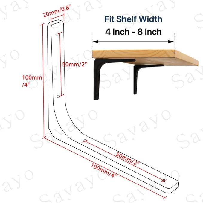 SAYAYO Black Shelf Bracket, 4 x 4 Inch Heavy Duty Iron Bracket Hanging Angle Brackets Shelf Support, 6 PCS