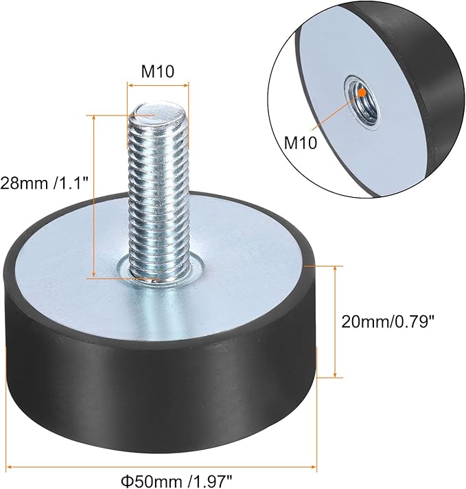 uxcell 4pcs M10x28mm Rubber Isolator Mounts with Studs 50x20mm Male Female Vibration Shock Absorber Zinc Plated Cylindrical Thread Mounts Anti Vibration Isolators with 4pcs M10 Lock Nuts