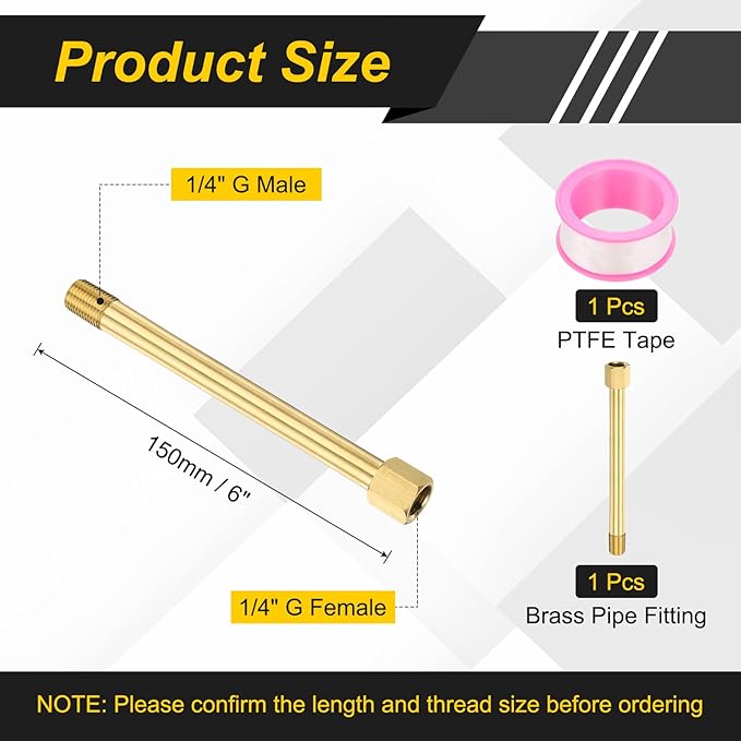 PATIKIL 2 Pack 1/4" g Male x 1/4" g Female Brass Pipe Fitting, Nipple Brass Fitting Extension Pipe Fittings Adapter Connection with Tape 6 Inch / 150mm Length