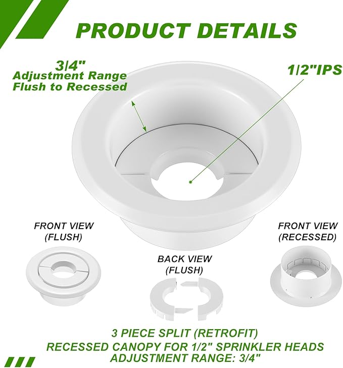 Shimeyao 18 Pcs Retrofit Recessed Fire Sprinkler Escutcheon 1/2" IPS Split 3 Piece in Depth Adjustment Range up to 3/4" for Fire Sprinkler Trim Ceiling (White)