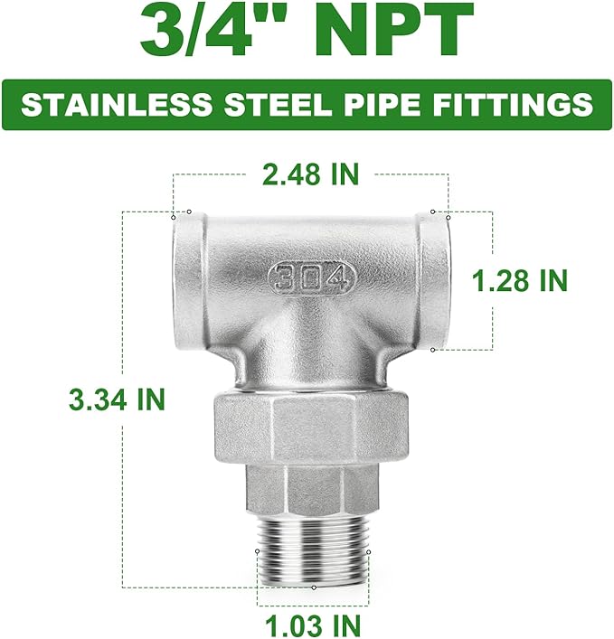 TAISHER 1PCS 304 Stainless Steel 3 Way Tee Union，3/4" NPT Female x 3/4" NPT Male x 3/4" NPT Female Cast Pipe Fitting