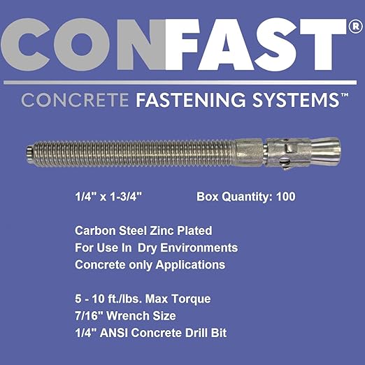 CONFAST 1/4" x 1-3/4" Wedge Anchor Zinc Plated (Box of 100)