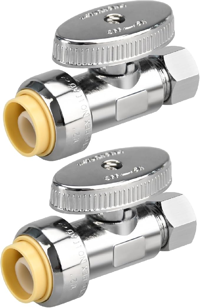 2pcs Stop Valves, 1/2" × 3/8" Straight Stop Valve, 1/2" PTC Input, 3/8" OD Compression Output, Push to Connect, 1/4 Turn, Chrome Plated Brass for Faucet, No Lead