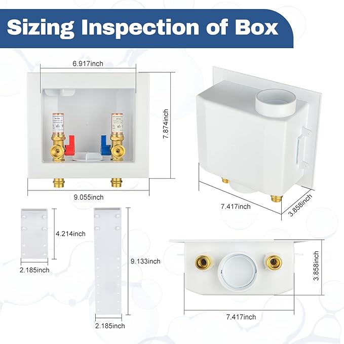 1-PACK GUOFIS Washing Machine Outlet Box with Copper Water Hammer Arrestor, PEX Laundry Washer Box with Central and Side Drain Design(1/2"Copper Press Connection Inlet X 3/4"MHT Outlet)(WM057)