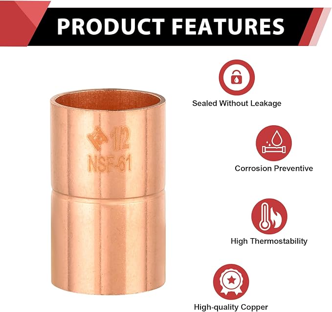 EFIELD 1-1/2-Inch C X C Copper Coupling With Rolled Stop, LF Copper Plumbing Fittings with Sweat Solder Connection,(COPPER088)