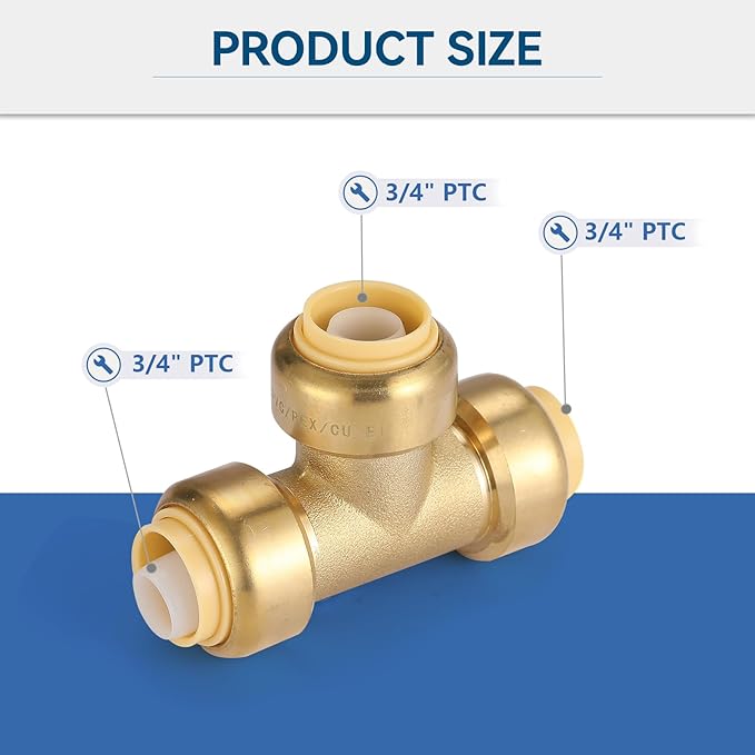 3/4" Pushfit Tee,5 Pack PEX Brass Push-fit Tee with 1 Pack Disconnect Clip, Push-to-Connect Plumbing Fittings for PEX, Copper, CPVC