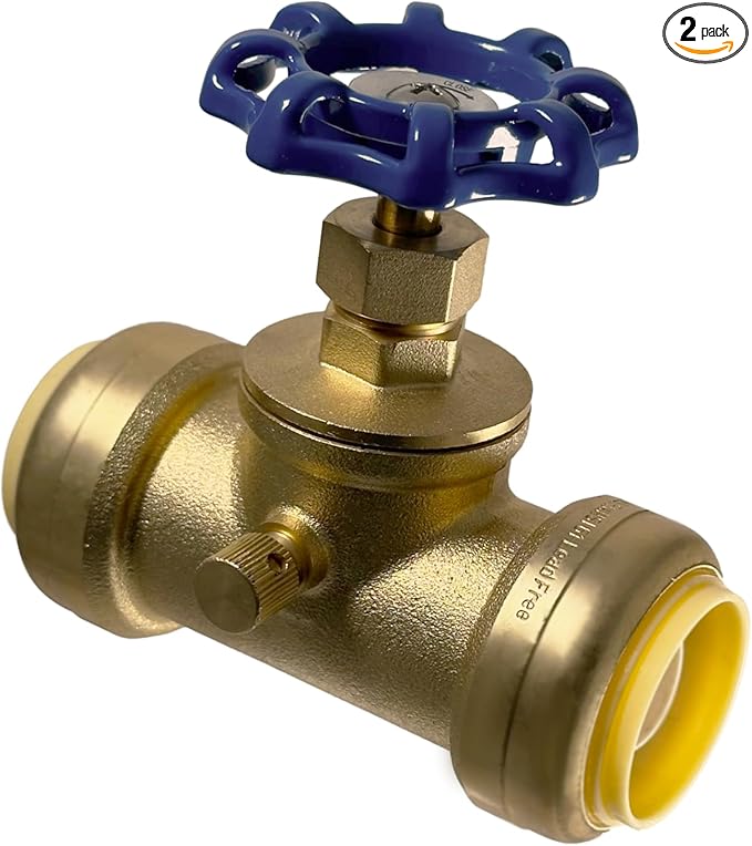 XFITTING 1 inch Push Fit Stop Valve with Drain and Vent, Push to Connect Brass Plumbing Fitting, Pex Pipe, Copper, CPVC, PE-RT, HDPE, 2-5-3=2, 2 Pieces