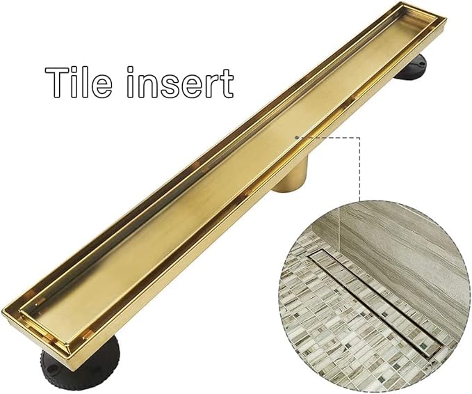 Neodrain 28-Inch Gold Linear Shower Drain, 2-in-1 Flat & Tile Insert Cover, Stainless Steel Linear Drain, Brushed Brass Rectangle Shower Floor Drain with Hair Strainer, Watermark&CUPC Certified
