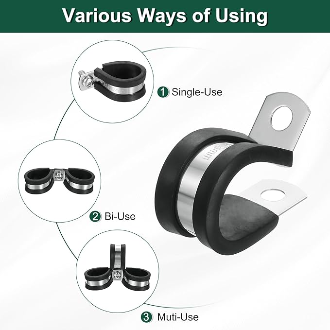 uxcell 3/4"(18mm) Cable Clamp, 304 Stainless Steel Rubber Cushioned Insulated R Shape Metal Clamp Tube Holder for Pipe Hose Wire Cord Installation 15Pcs