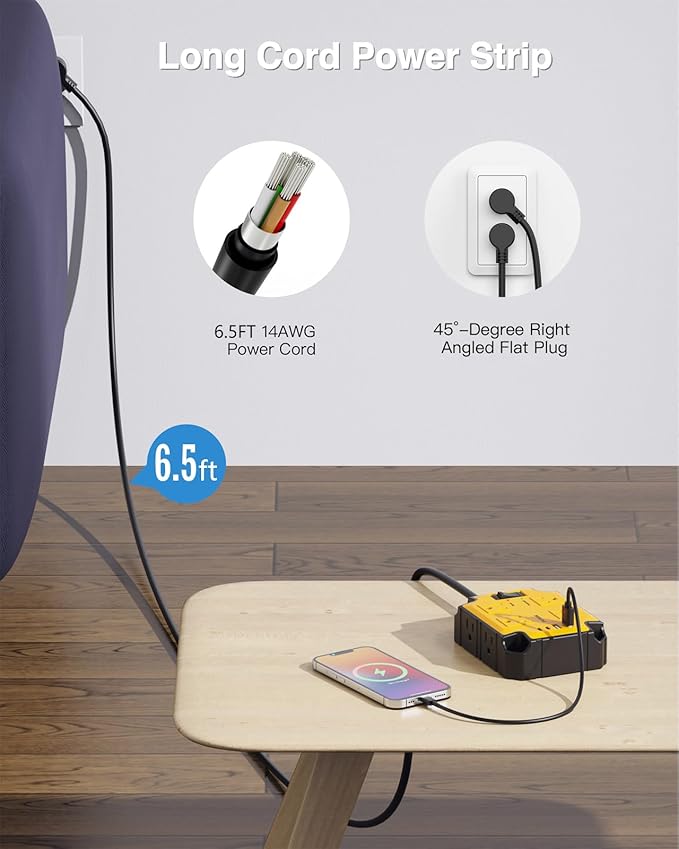 8-Outlets Heavy Duty Power Strip with 4 USB Ports(2 USB-C), Industrial Magnetic Surge Protector Power Strip 15 Amps/1200 Joules, 6.5 Ft Multi-Plug Electric Extension Cord for Workshop Garage (Yellow)