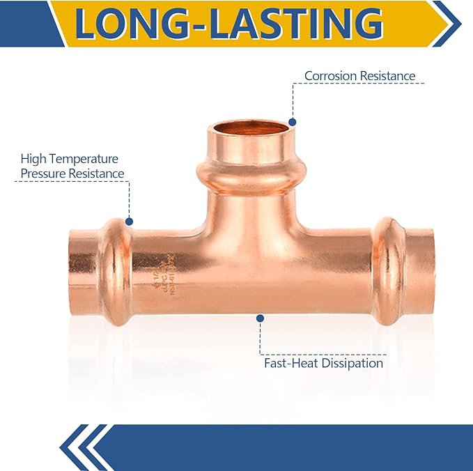 30-Pack GUOFIS Copper Press Tee,1/2" x 1/2"x 1/2" Tee Fittings for Copper Tube Connection with Stop(PRESS009-30Pack)