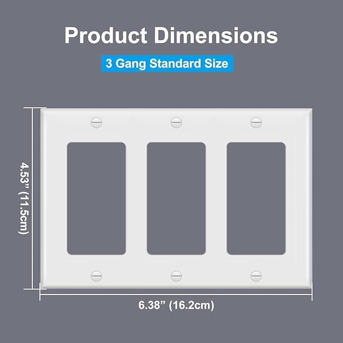 [2 Pack] BESTTEN 3-Gang Decorator Wall Plate, GFCI Outlet and Dimmer Switch Cover with 3 Decorator Openings, Standard Size, H4.53” x L6.38”, Unbreakable Polycarbonate, UL Listed, White