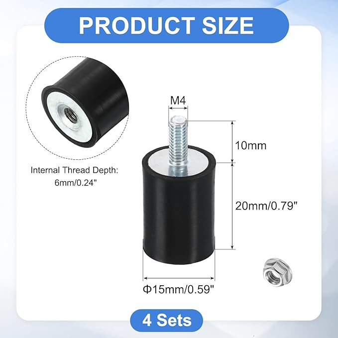 uxcell M4 Rubber Mounts, 4Pcs 15x20mm(DxH) Rubber Cylindrical Anti Vibration Isolator Shock Absorber with Lock Nut for Car Bobbin Generator Air Compressors