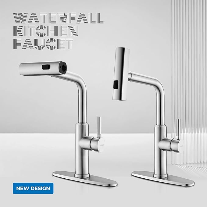 WEWE Waterfall Kitchen Faucet with Pull Down Sprayer, 3 Modes(Sweep/Stream/Waterfall) Rotary Switch Mode Stainless Steel Kitchen Sink Faucet Single Lever Handle Brushed Nickel Sink Fuacet