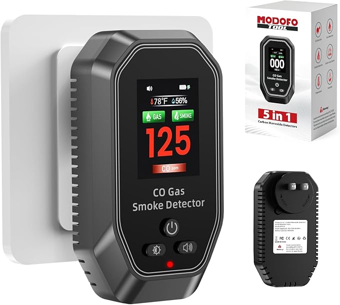 6-in-1 Portable Carbon Monoxide Detectors Plug in, MODOFO TOOL Smoke and Carbon Monoxide Detector with Built-in Battery, Natural Gas Leak Detector, HD Display for CO, Gas, Smoke, Temp, Humidity Black