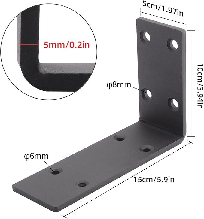 YUMORE Heavy Duty Shelf Brackets, 1/5IN Thicken Countertop Support L Bracket, Matte Black Rustic Industrial Metal Bracket Includes Hardware, 2 Pack (6"x4")