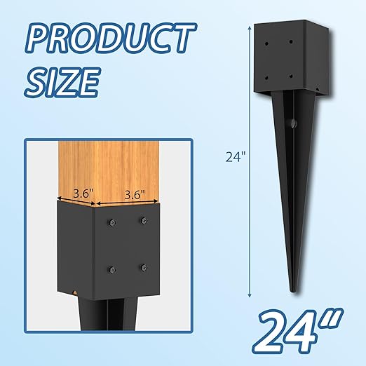 6 Pack 4x4 Fence Post Anchor Ground Spike – Heavy Duty 24" Metal Post Base (Fit 3.6"x3.6") Black Powder-Coated for Mailbox, Deck, Fence, Railing