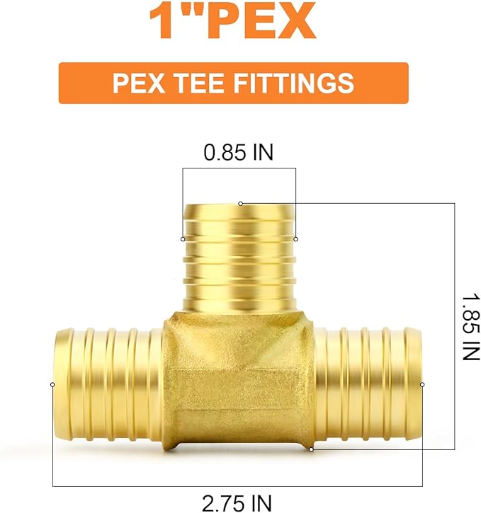 GASHER 2Pcs No Lead Brass 1" Pex Tee Fittings, 1 Inch Pex Fittings for Pex Tubing