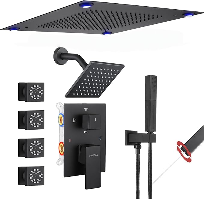 VANFOXLE Shower Faucet Set Matte Black Shower System,Shower Faucet with 2 in 1 Handheld,Ceiling Mount 16 Inch LED Shower Head+6 Inch Shower Head(Rough-in Valve Body and Trim)