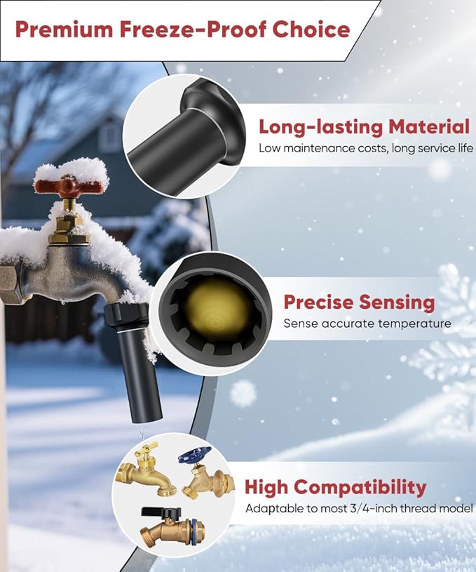 Outdoor Faucet Winter Freeze Protection Valve, Activates at Water Temperature Below 35.6°F/ 2°C, 3/4-Inch Thread Frost Proof Faucet Cover for for Garden, Lawn & Yard Spigot, Black, 4Pack