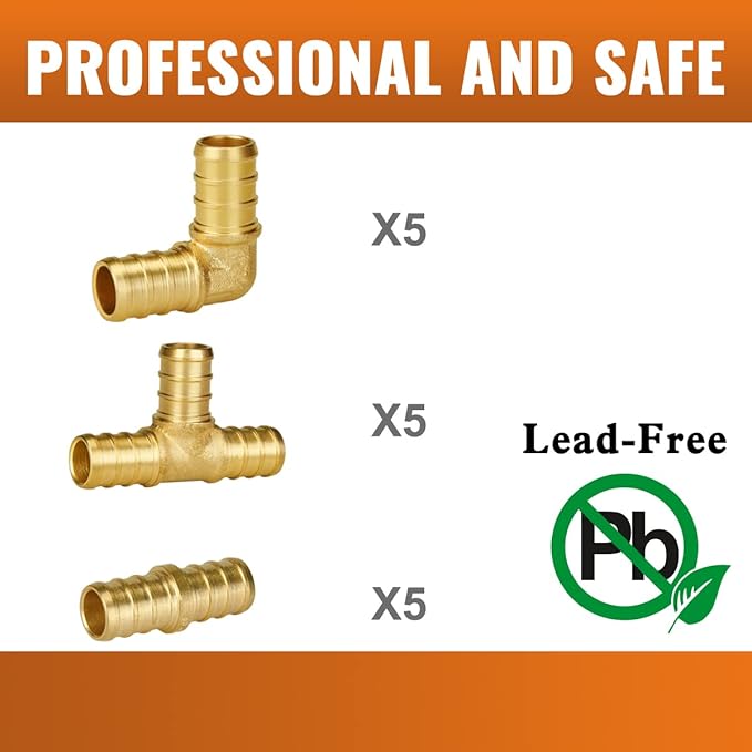 SUNGATOR 15-Pack 1/2 Inch PEX Fittings, 5 Each Elbow Tee Coupling, No Lead Brass, Pex Fittings 1/2 Inch Assortment, UPC, NSF Certified