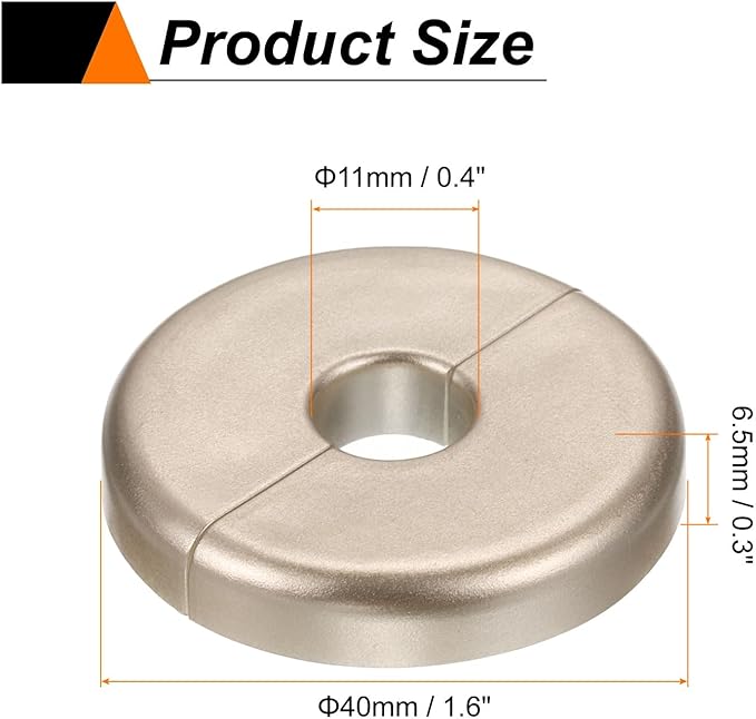 HARFINGTON 4pcs Wall Split Flange 11mm/0.4" Self-Adhesive Plumbing Cover Plates ABS Plastic Round Escutcheon Plate Buckle Design for Water Pipe Bathroom Kitchen Decoration, Gold Tone