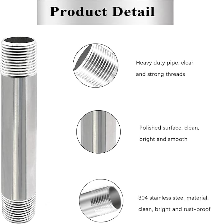 GeilSpace 3/4" x 8" Stainless Steel Pipe, 304 Pipe Nipple Fits Standard 3/4 Inch Threaded Pipes and Fittings, DIY Industrial Metal tube (2 PCS)