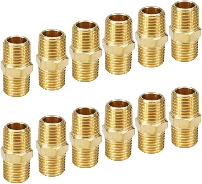 HQMPC Solid Brass Pipe Fitting Male Pipe, Hex Nipple Gas Connect Adapter Brass Union Coupler Adapter Gas x Flare Fittings 1/4"NPT 12Pcs
