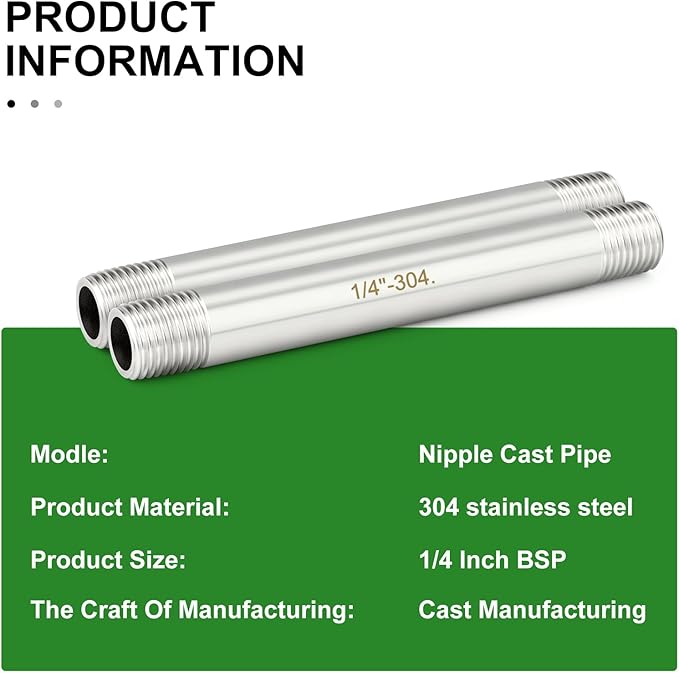 TAISHER 2PCS Stainless Steel Pipe Fittings, 1/4" BSP Male x 1/4" BSP Male Threaded, 4" Length Nipple Cast Pipe