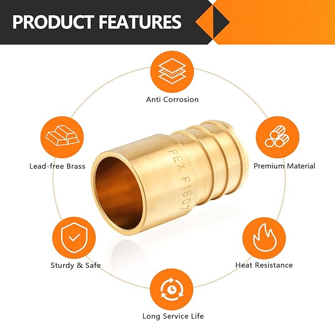 20-Pack HeSun PEX Fittings, 3/4" PEX x 1/2" Female Sweat Adapter (Over Copper Tube), Brass Crimp Fitting for ASTM F1807(PEX1807133-20)