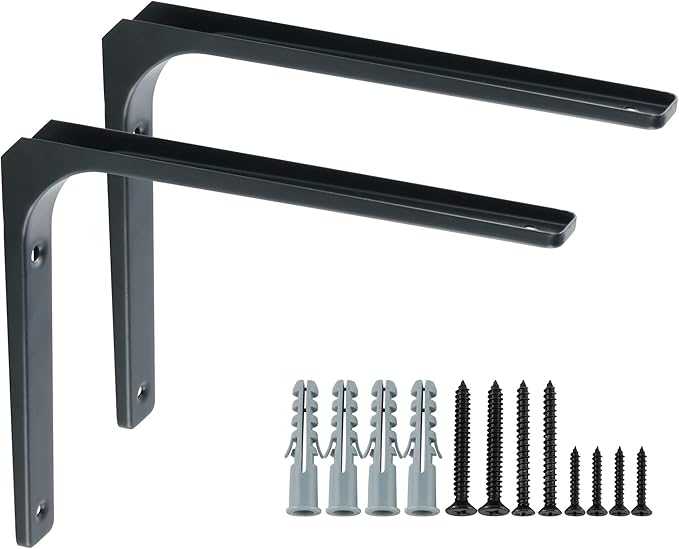 SAYAYO Black Shelf Bracket, 12 Inch L Shape Wall Bracket Heavy Duty Metal Bracket Hanging Angle Brackets Shelf Support, 2 PCS