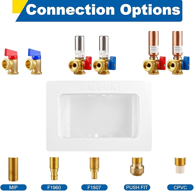 Washing Machine Outlet Box with Center Drain, 1/2" Pex-A F1960 Expansion Inlet x 3/4" MHT Outlet Connection with Hot and Cold 1/4-turn Shut-off Ball Valve and Copper Water Hammer Arrestor