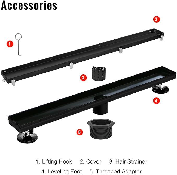 SaniteModar Linear Shower Drain, Black Linear Drain 36 inch with Flat and Tile Insert 2 in 1 Panel, AISI 304 Stainless Steel Black Shower Floor Dain with Hair Strainer and Leveling Feet
