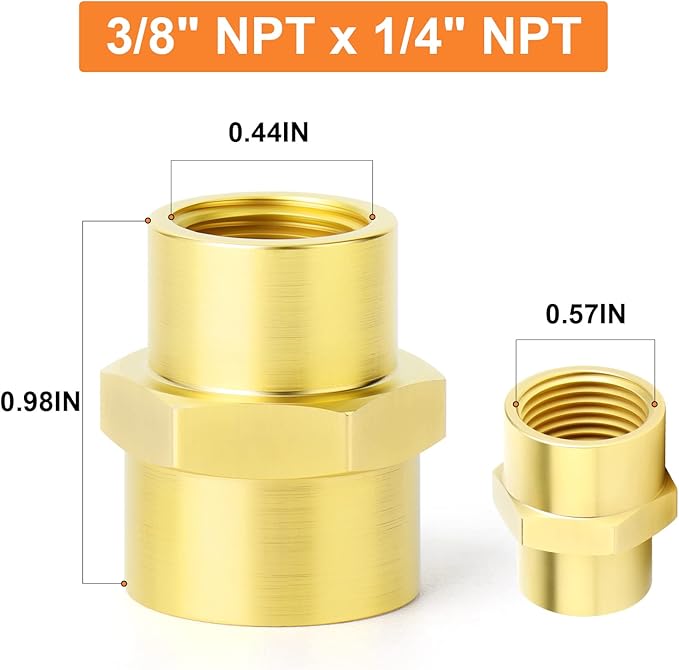 GASHER 5PCS Brass Pipe Fitting, Coupling, Reducer Adapter, 3/8" x 1/4" NPT Female