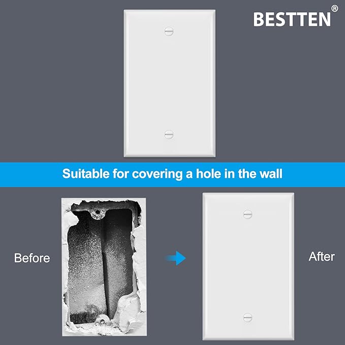 BESTTEN 10 Pack 1-Gang No Device Blank Wall Plate, UL Listed, Standard Size, H4.53” x W2.76”, Unbreakable Polycarbonate Thermoplastic Outlet Cover, White