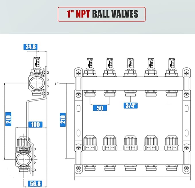 8 Branch Floor Radiant Heating Manifold PEX Tube Heating Hydronic Manifolds Stainless Steel Radiant Heat Pex Manifold Set for 1/2" Adapter